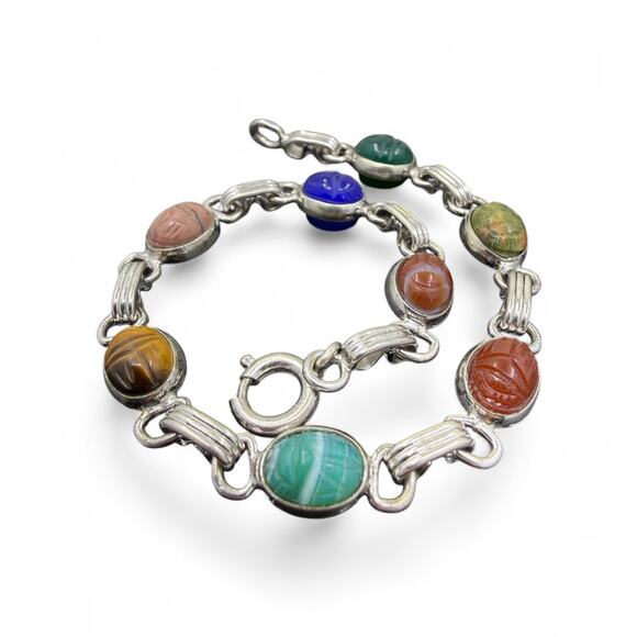 Vintage Gold Filled Scarab Bracelet Genuine Stones Chalcedony Onyx Tiger Eye - Picture 5 of 8